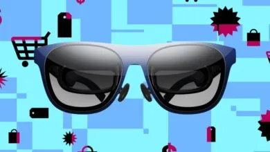 Sleek blue smart glasses float against a vibrant blue geometric background with shopping icons.