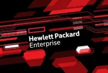 Hewlett Packard Enterprise logo set against a dynamic red and black tech background.
