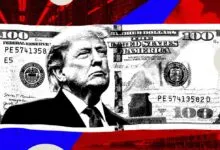 Digital illustration of Donald Trump's face on a custom one-hundred-dollar bill against a red background.