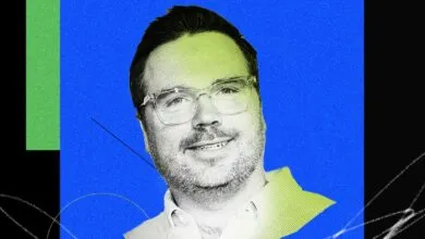 Stylized graphic portrait of journalist Kevin Roose against a vibrant blue and green background.