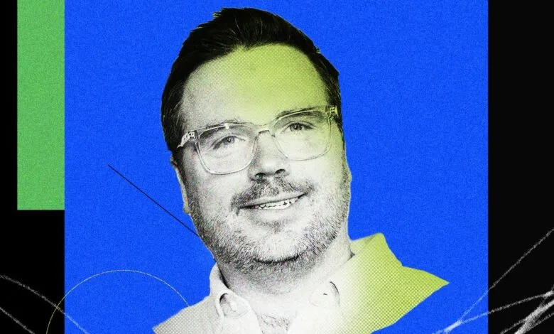 Stylized graphic portrait of journalist Kevin Roose against a vibrant blue and green background.