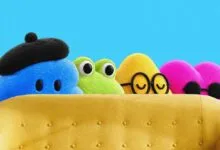 Four colorful, fuzzy characters with accessories peer over the top of a yellow couch against a bright blue background.