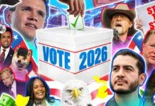 Collage of political figures surrounding a VOTE 2026 ballot box with American imagery.