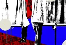 High-contrast graphic artwork featuring voters at booths against red and blue political backgrounds.