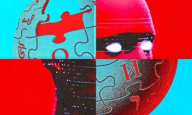 Four-panel graphic featuring a red and blue Wikipedia globe puzzle and a digital humanoid head.
