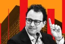 Portrait of Dario Amodei, CEO of Anthropic, with red and orange graphical bars overlaying a modern building background.