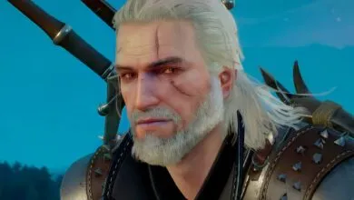 Close-up portrait of Geralt of Rivia with white hair, facial scars, and glowing eyes.