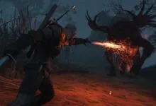 Geralt of Rivia casts a fiery spell at a horned monster in a dark forest.