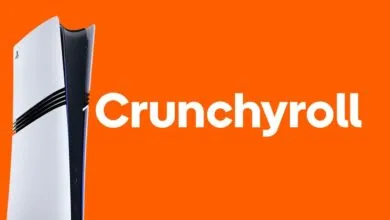 PlayStation 5 console standing vertically next to the Crunchyroll logo on an orange background