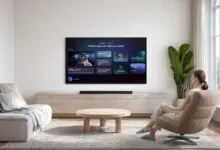 Woman sitting in a living room, using a remote to interact with a smart Mini-LED TV display.
