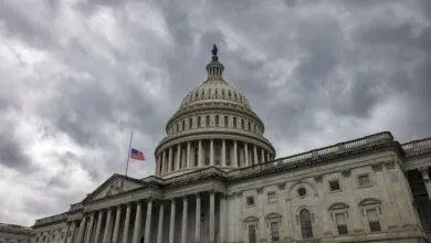 The US Capitol building stands under a dramatic, cloudy grey sky with an American flag flying at half-mast.