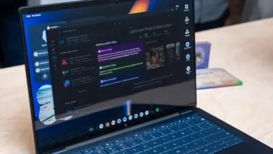 Close-up of a modern Chromebook displaying the Google Play Store interface on screen