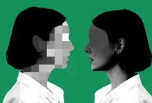 Two woman silhouettes facing each other, one pixelated and one grainy, set against a green background.