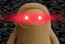 Fuzzy, round tan creature with glowing red laser eyes against a dark, static-filled background.