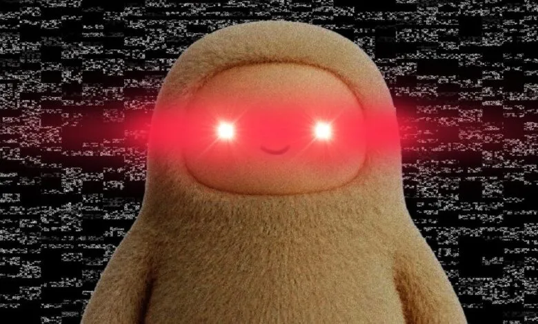 Fuzzy, round tan creature with glowing red laser eyes against a dark, static-filled background.