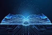 Glowing digital book wireframe with circuit board patterns on a dark blue background.