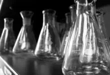 Close-up black and white shot of Erlenmeyer flasks lined up on a dark lab shelf.