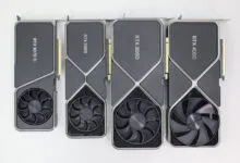Four NVIDIA Founders Edition graphics cards aligned horizontally, showing RTX 3070 Ti, RTX 3080, RTX 3090, and RTX 4090.
