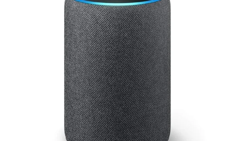 Charcoal gray Amazon Echo smart speaker with a glowing blue light ring around the top.