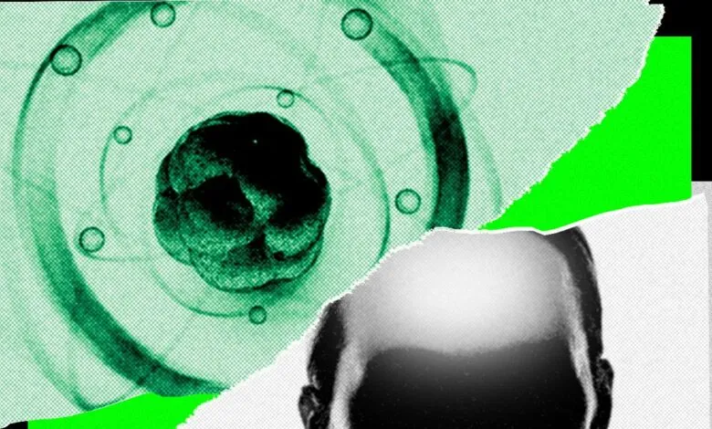 Collage featuring a green scientific atom graphic and a dark human head with censored eyes.