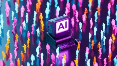 Retro computer with glowing AI screen surrounded by tiny colorful human figures.
