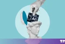 A hand places an AI microchip inside the opened head of a classical marble bust against a teal background.