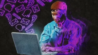 Illustration of a person typing on a laptop with glowing pink communication icons floating around.