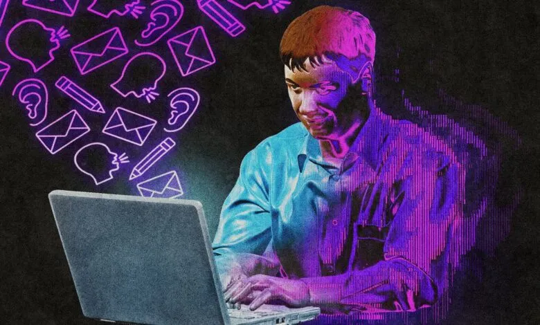Illustration of a person typing on a laptop with glowing pink communication icons floating around.