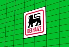 Delhaize supermarket logo featuring a black lion on a tiled green wall background.