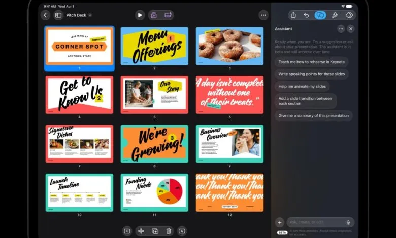Apple Keynote interface on iPad Pro showing presentation slides and intelligent assistant sidebar