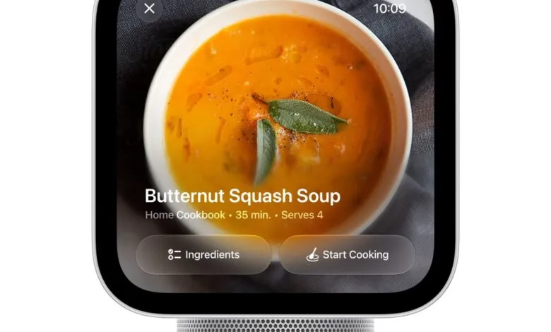 Smart display showing a recipe for Butternut Squash Soup with ingredients and start cooking buttons