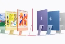 Lineup of colorful Apple iMac computers shown from front, side, and rear angles on a white background