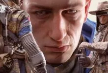 Close-up of a scarred character face from Arc Raiders surrounded by character gear and outfit details