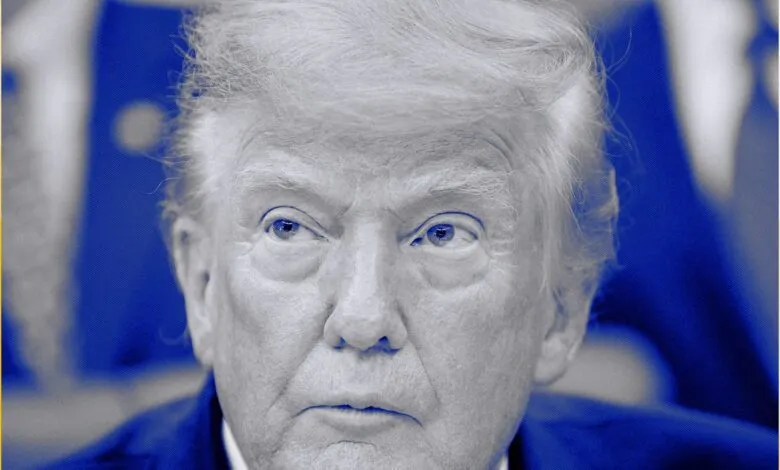 Close-up portrait of Donald Trump with a blue monochrome color filter and yellow framing elements.
