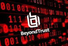 BeyondTrust logo centered against a dark background with glowing red binary code.