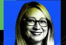 Portrait illustration of a smiling woman with glasses against a blue and green background.