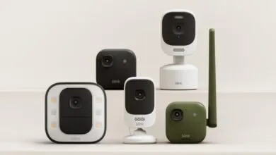 Blink security camera lineup showcasing various indoor and outdoor models in white, black, and green.
