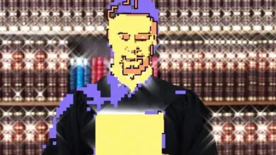 Pixelated judge figure holding glowing document in front of a law library bookshelf