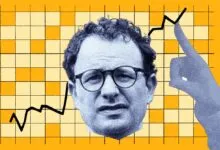 Illustration of Dario Amodei, CEO of Anthropic, against a yellow grid with financial charts.
