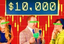 Game show host and two contestants with green censor bars over their eyes against a red background.