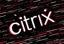 The Citrix logo displayed diagonally against a black, red, and white digital binary background.
