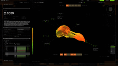 Futuristic software interface displays a 3D yellow and orange dodo skull model with data analysis panels.