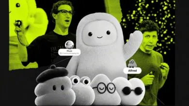 Mark Zuckerberg and Sam Altman flanked by cute AI agent characters in a stylized green and black collage.