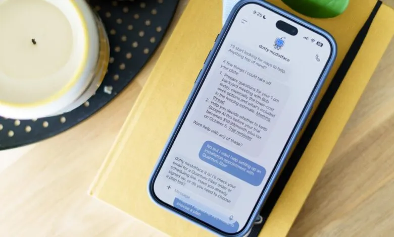 Smartphone displaying a chat interface with a digital assistant named dotty mcdotface