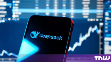 A smartphone displays the DeepSeek logo against a blurred blue background of financial charts.