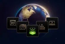 Global AI network visualization with glowing interface icons floating against a backdrop of Earth and space.