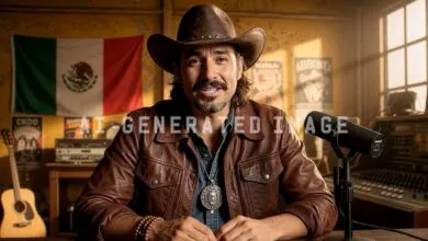 A man in a cowboy hat and leather jacket sits in a studio with a Mexican flag.