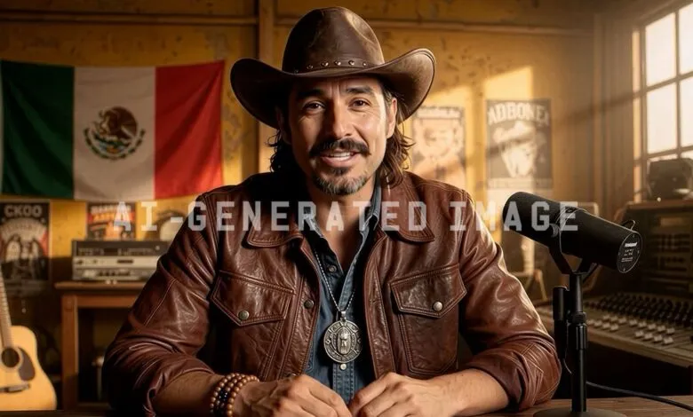 A man in a cowboy hat and leather jacket sits in a studio with a Mexican flag.