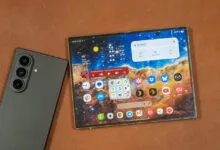 Samsung foldable smartphone showing vibrant home screen next to a phone with triple cameras.
