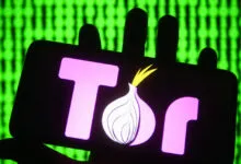 Smartphone displaying the pink and white Tor Browser logo against a green digital code background.